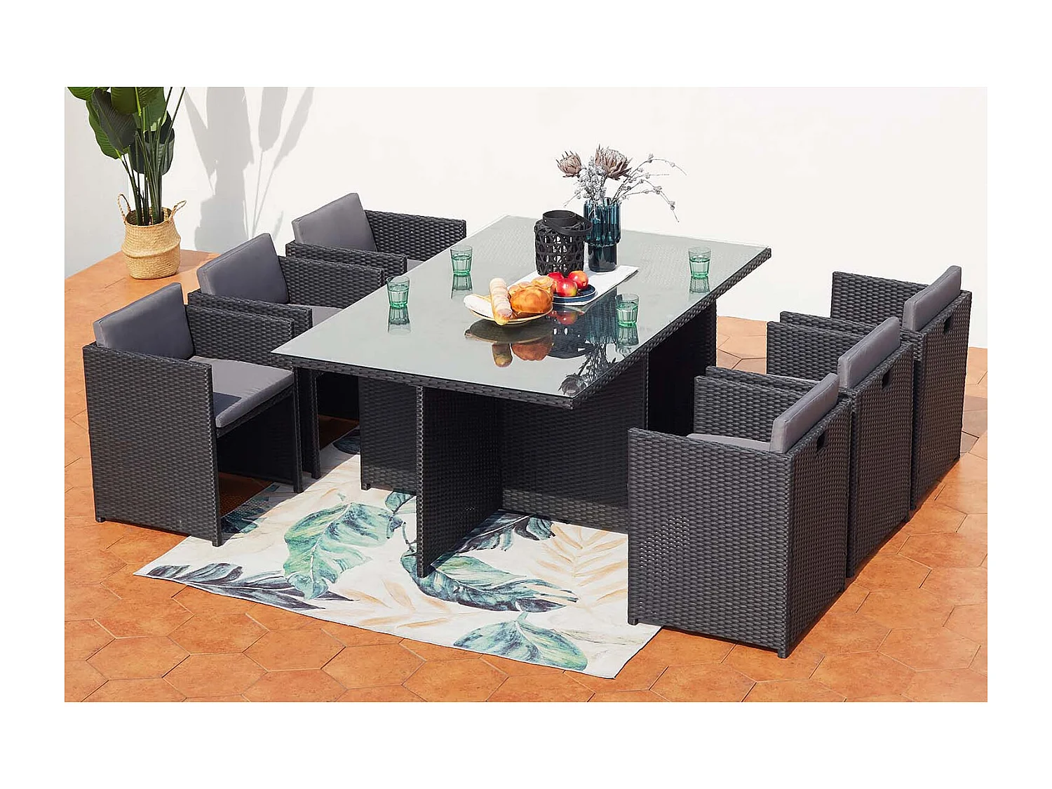 Conjunto de Jardim 6 Lugares em Vime Sintético Preto/Cinza MIAMI - Mesa de Vidro Removível, Cadeiras Confortáveis com Almofadas Resistentes à Água