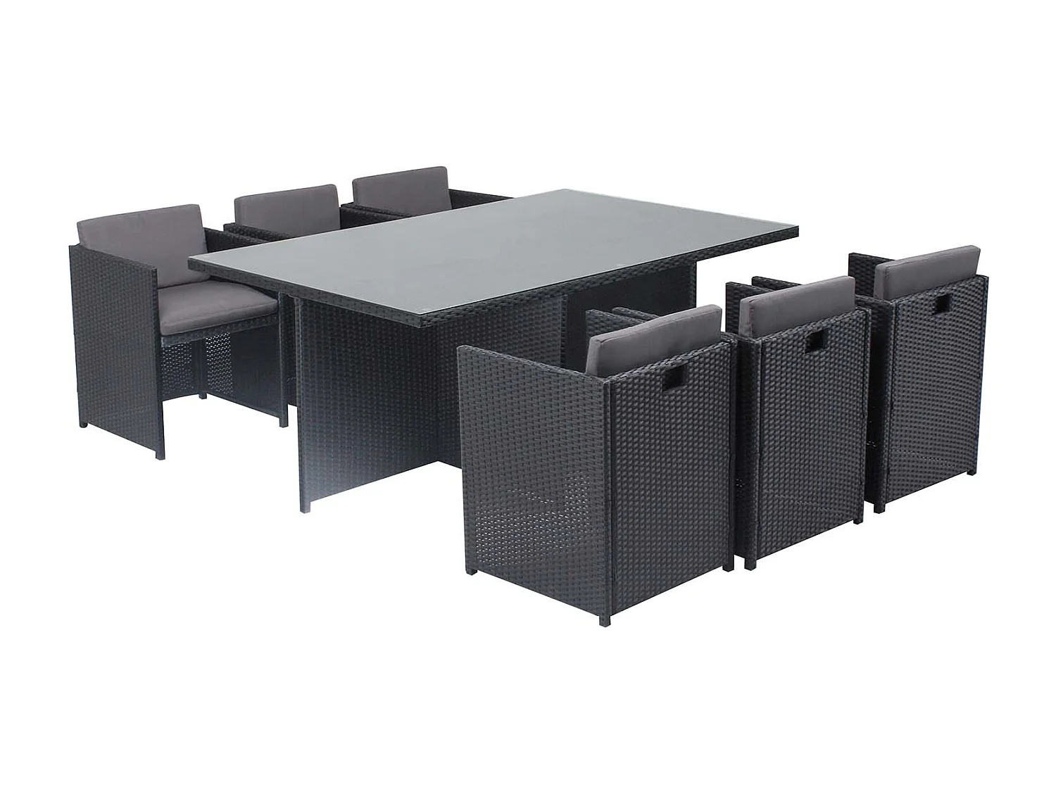 Conjunto de Jardim 6 Lugares em Vime Sintético Preto/Cinza MIAMI - Mesa de Vidro Removível, Cadeiras Confortáveis com Almofadas Resistentes à Água