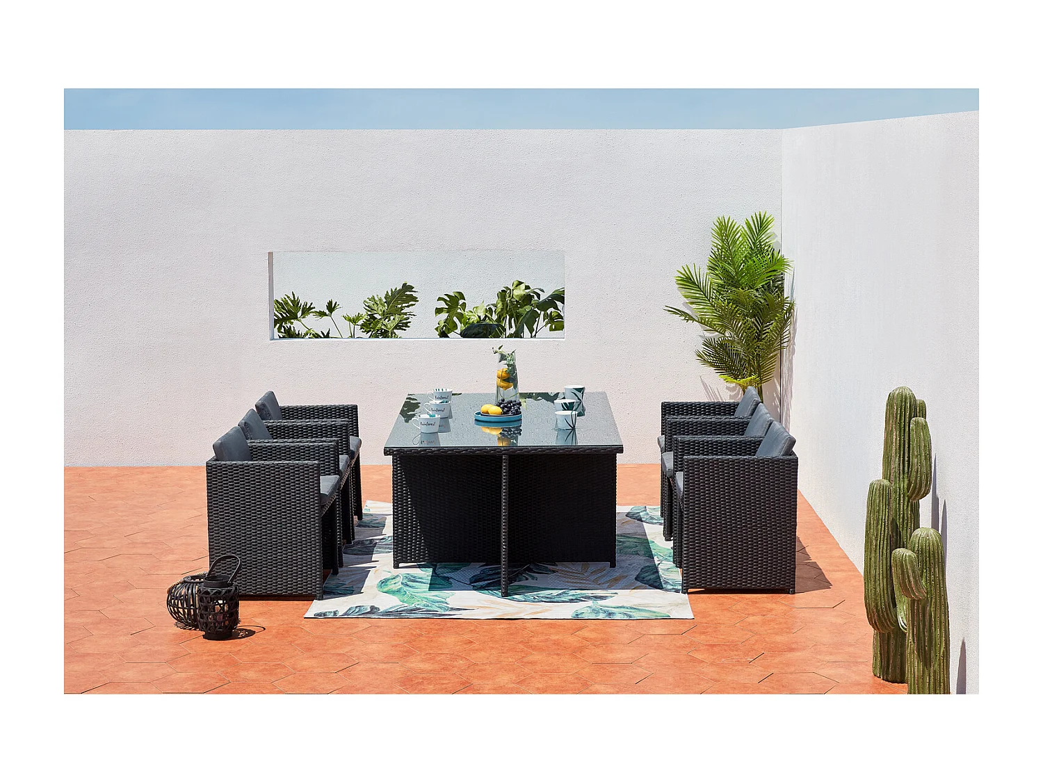 Conjunto de Jardim 6 Lugares em Vime Sintético Preto/Cinza MIAMI - Mesa de Vidro Removível, Cadeiras Confortáveis com Almofadas Resistentes à Água