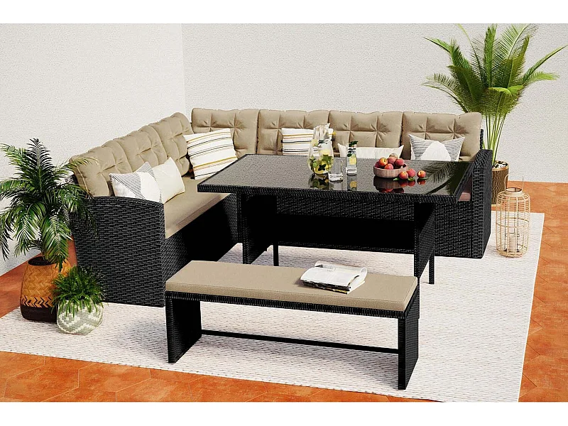 Conjunto de jardim 8 lugares em vime sintético cinza/bege MOOREA - Grande conforto para exterior