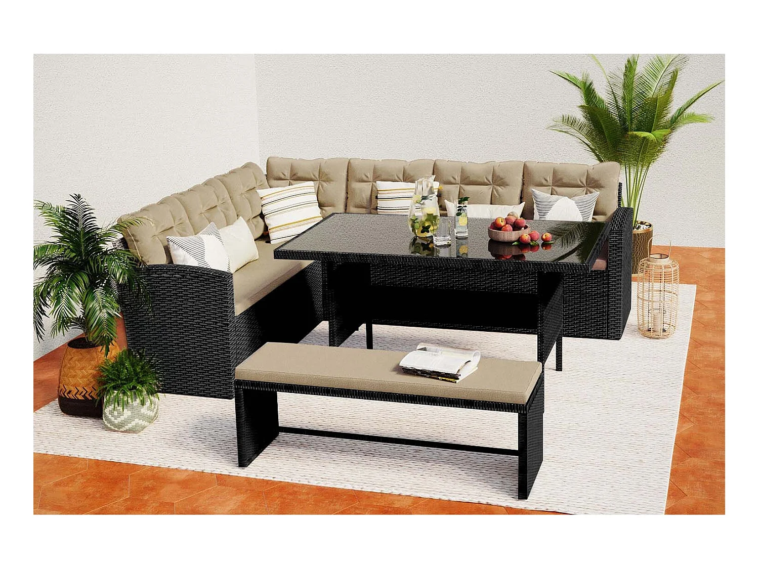 Salon de jardin 8 places résine gris foncé et beige MOOREA