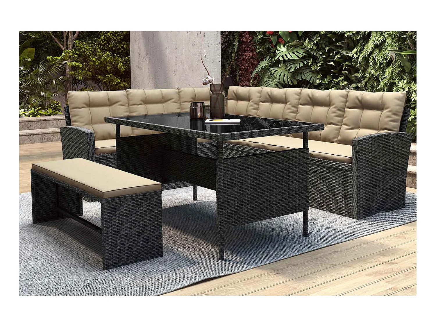 Salon de jardin 8 places résine gris foncé et beige MOOREA