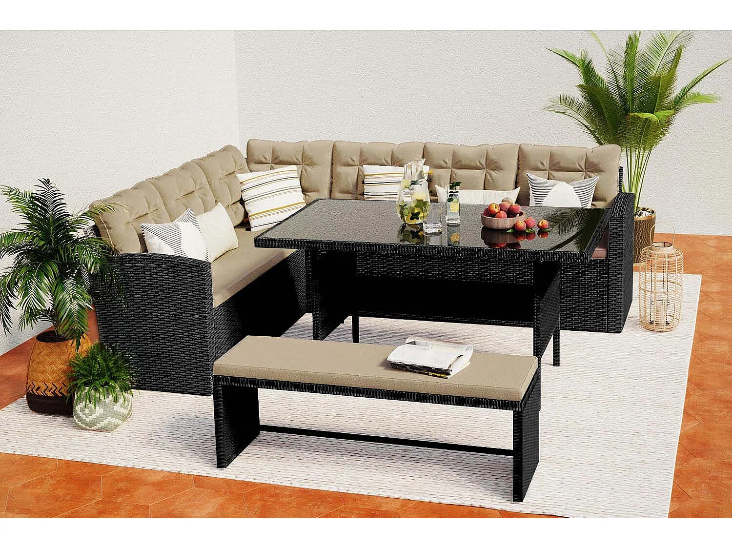 Conjunto de jardim 8 lugares em vime sintético cinza/bege MOOREA - Grande conforto para exterior