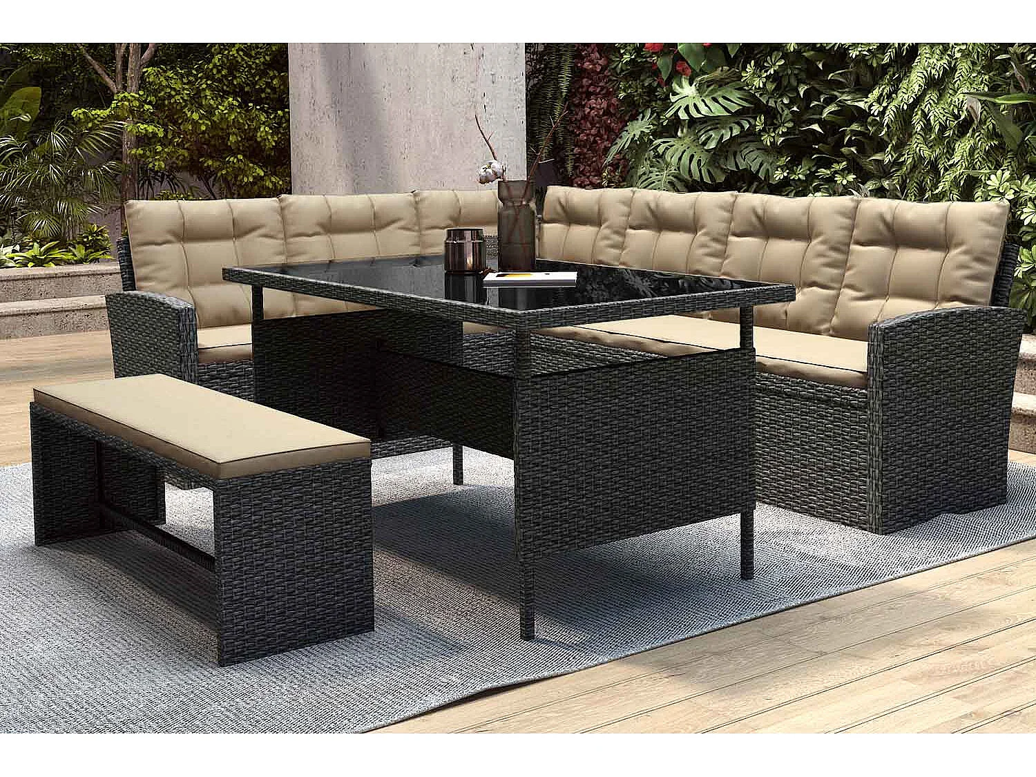 Conjunto de jardim 8 lugares em vime sintético cinza/bege MOOREA - Grande conforto para exterior