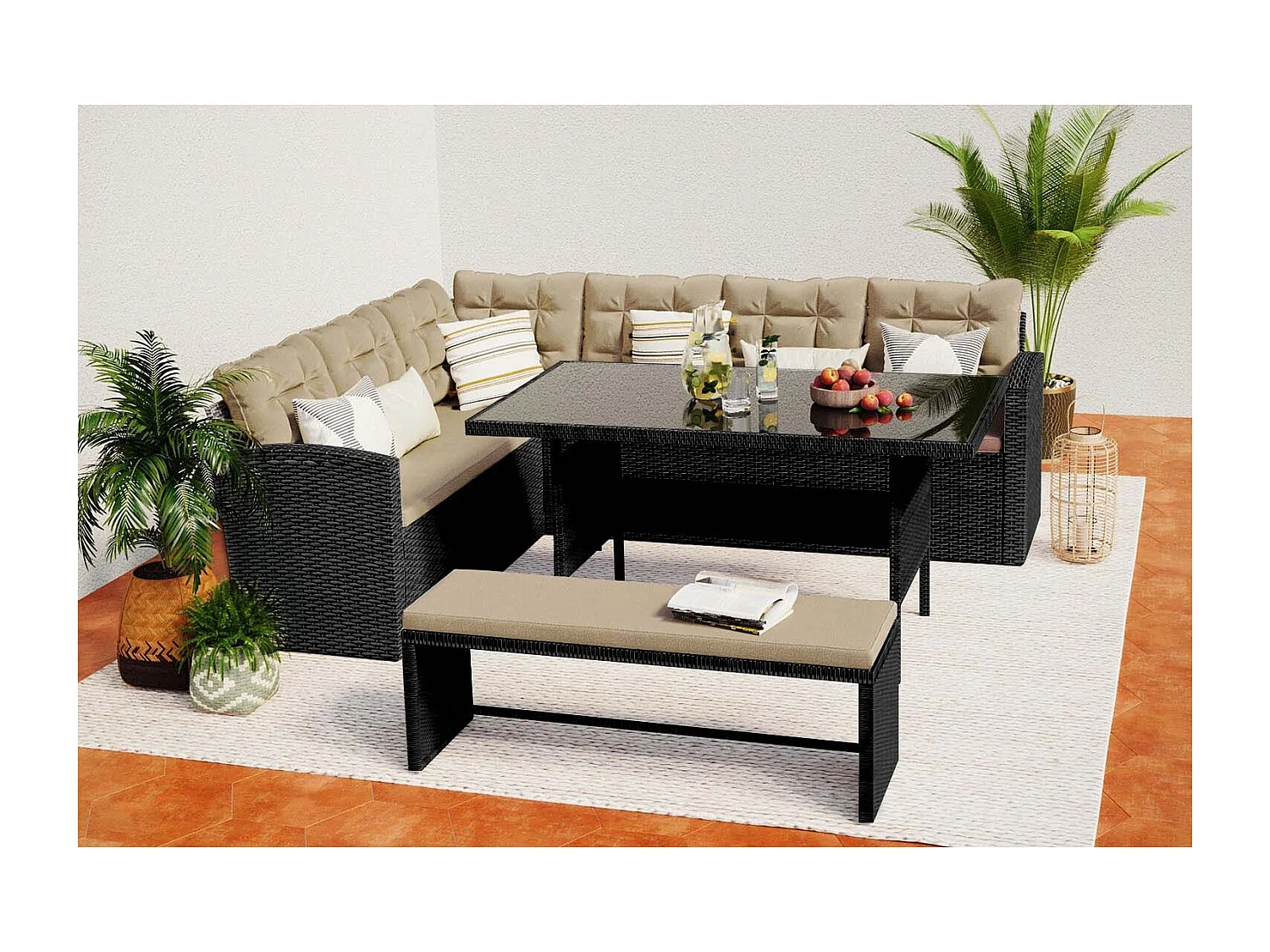 MOOREA - Salon de jardin modulable 8 places avec canapé d'angle en résine tressée gris foncé et écru
