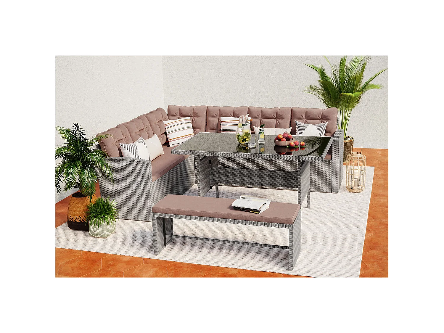 Conjunto de jardín 8 plazas de resina gris y café MOOREA