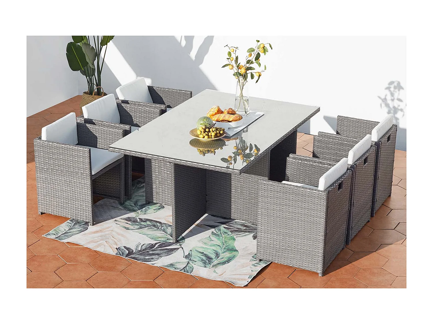 Table et chaises 6 places encastrables en résine gris-blanc MIAMI