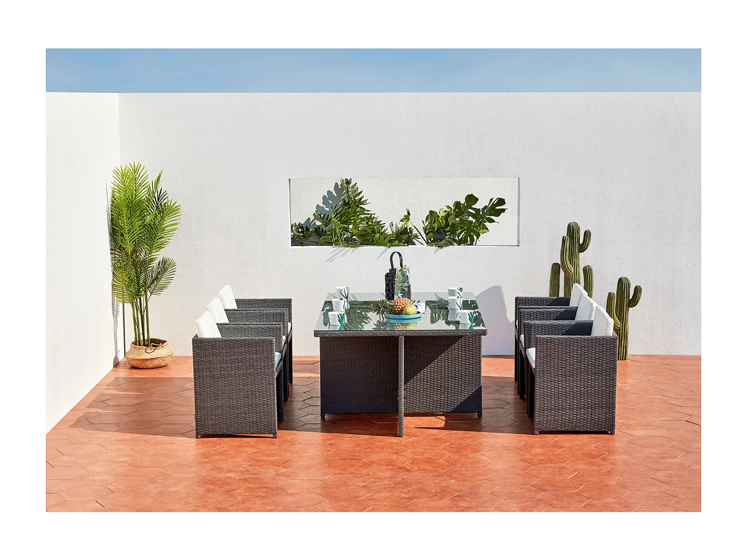 Table et chaises 6 places encastrables en résine gris-blanc MIAMI