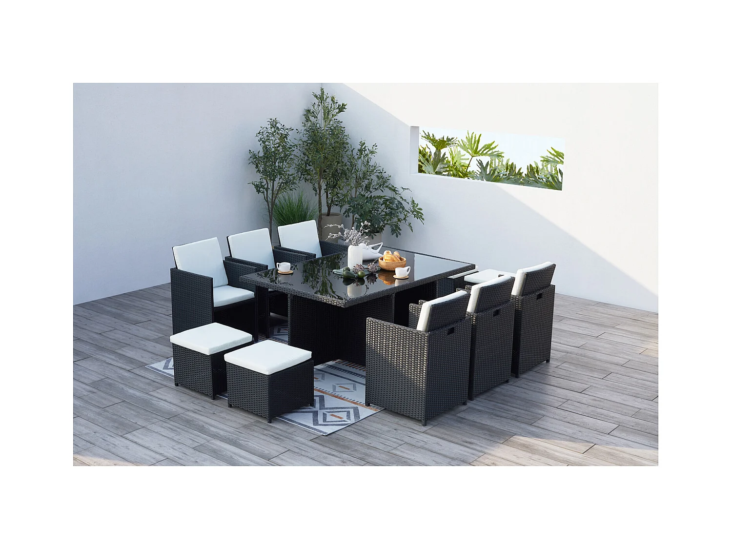 Salotto da giardino a incasso 10 posti resina intrecciata bianco/nero MONACO