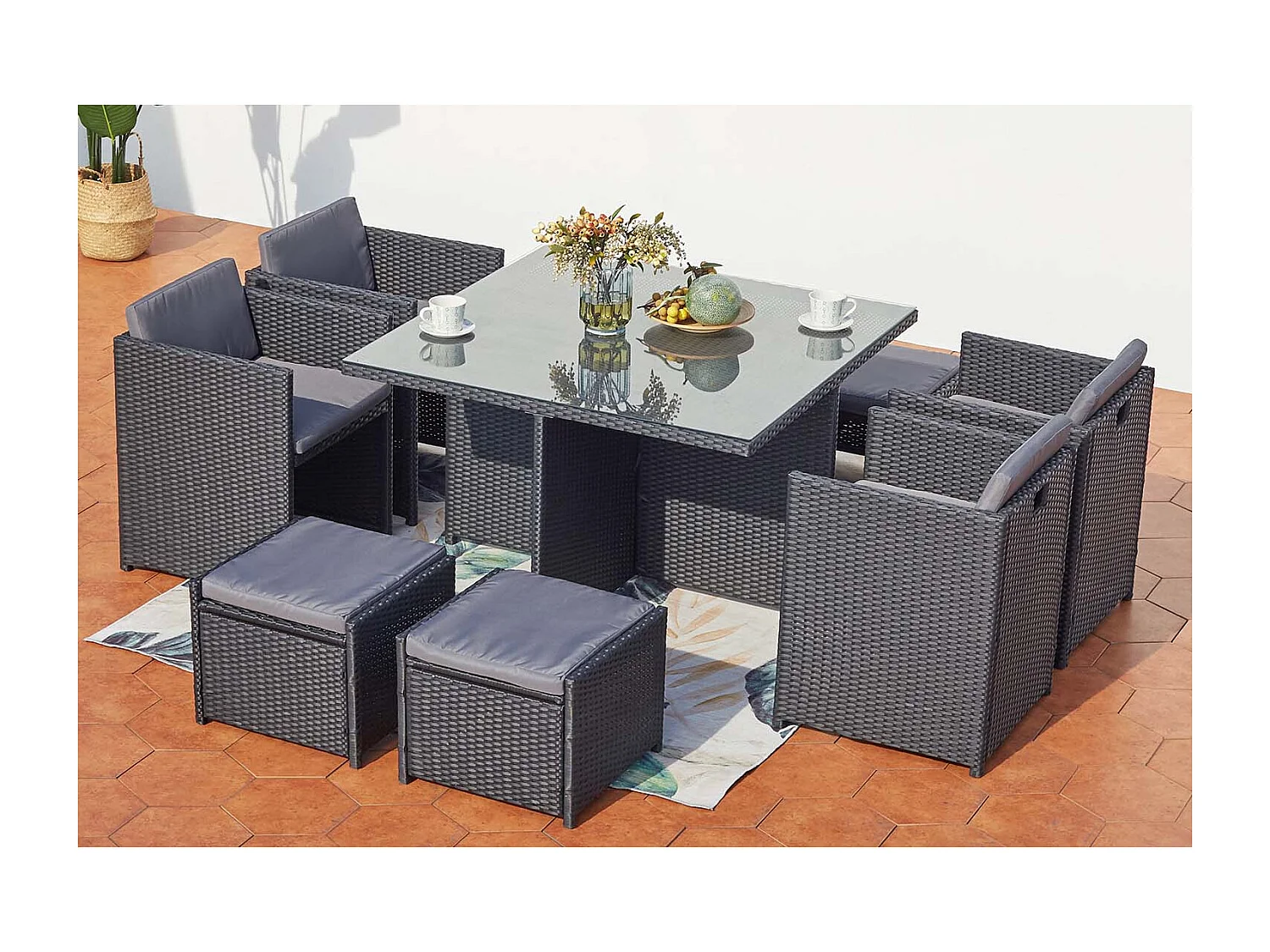 Conjunto de jardim 8 lugares em resina entrançada preto/cinza - Conjunto de jardim embutido MIAMI CONCEPT-USINE