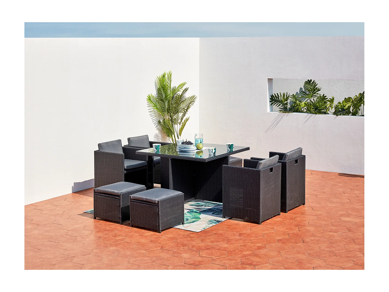 Conjunto de jardim 8 lugares em resina entrançada preto/cinza - Conjunto de jardim embutido MIAMI CONCEPT-USINE