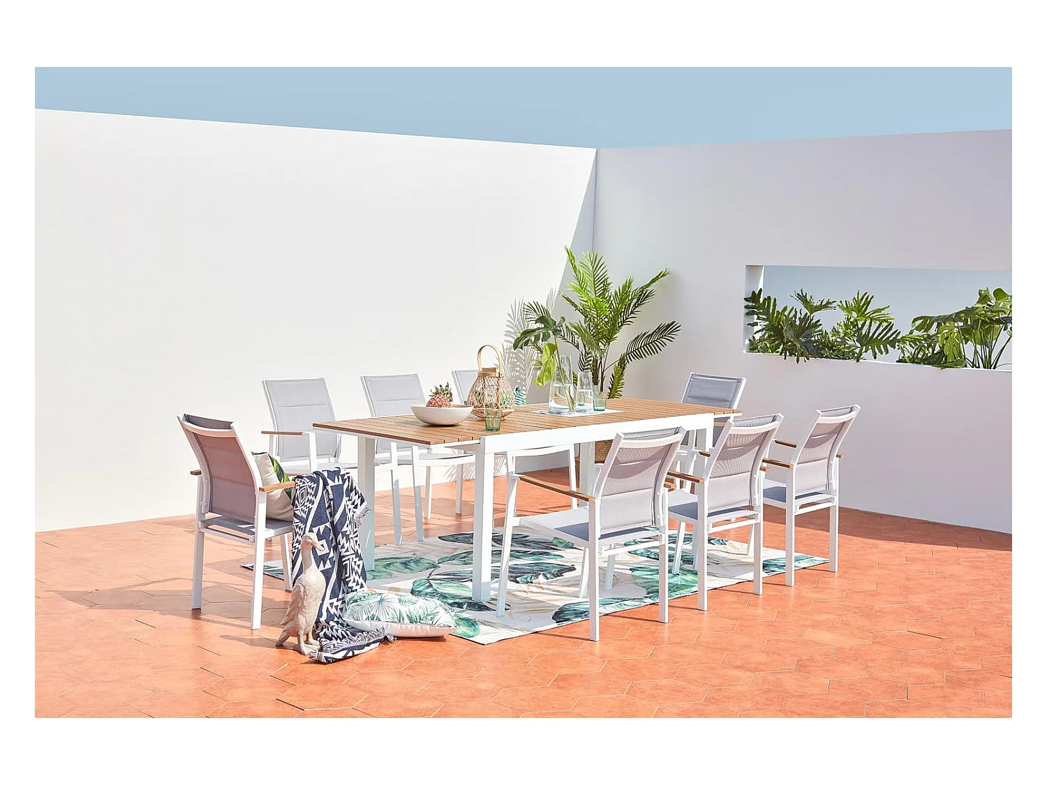 Salon de jardin 8 places aluminium blanc et bois TIJUANA