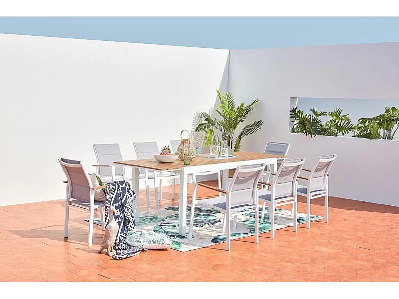 Conjunto de jardín 8 plazas aluminio blanco y madera TIJUANA