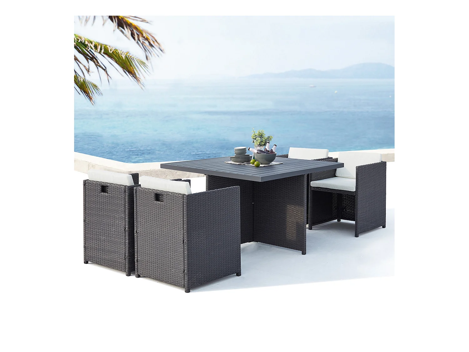 Table et chaise 4 places encastrables alu résine gris-blanc SUNSET