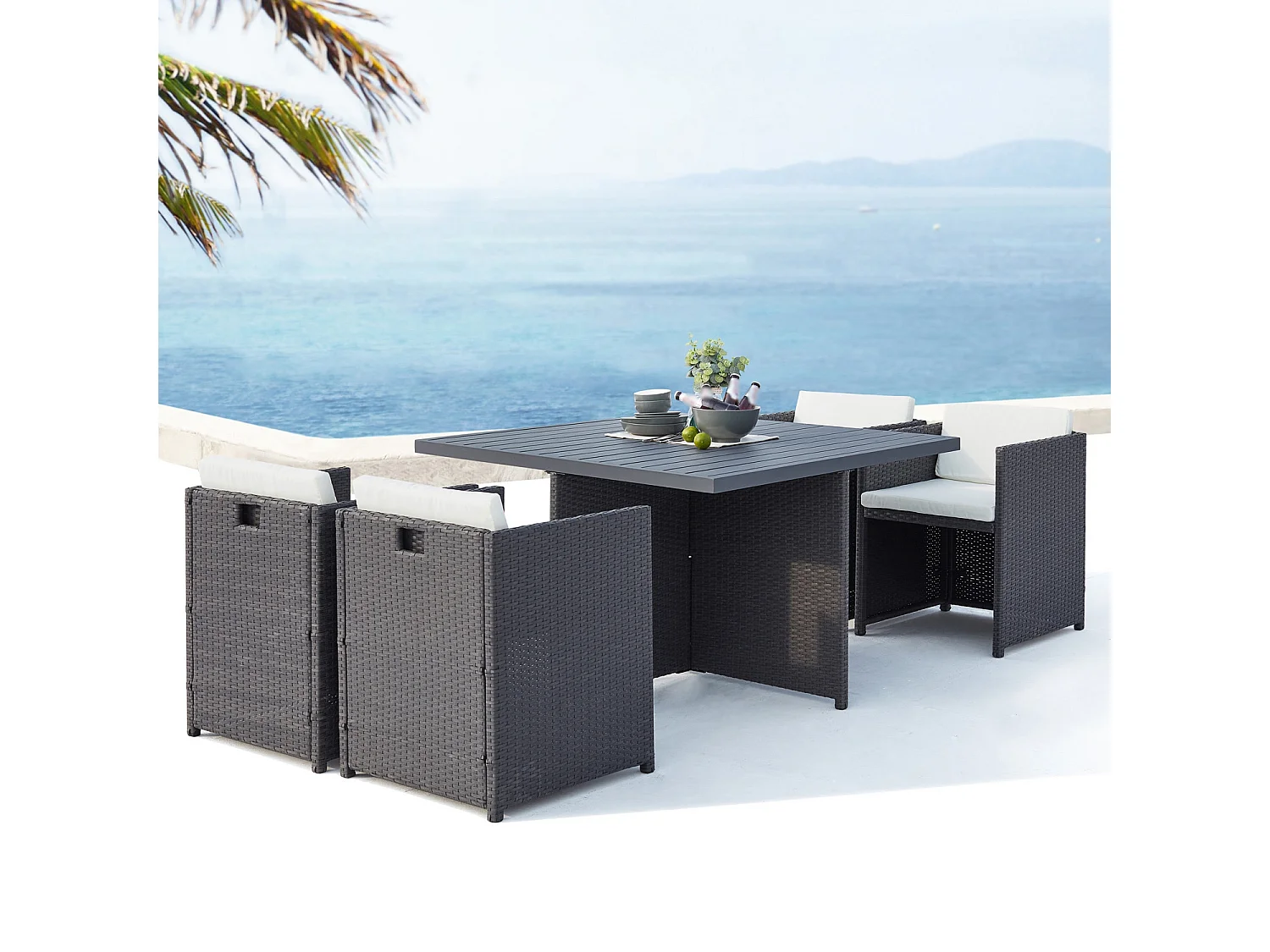 Table et chaise 4 places encastrables alu résine gris-blanc SUNSET
