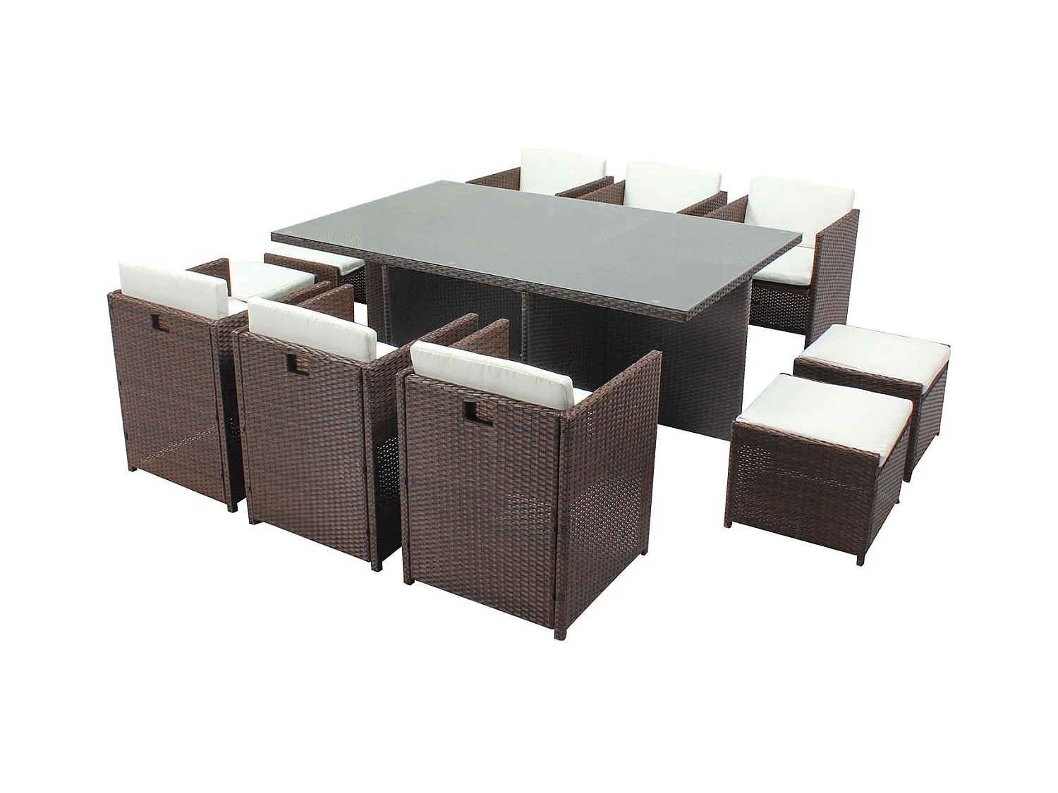 Table et chaises 10 places encastrables résine marron-blanc MIAMI
