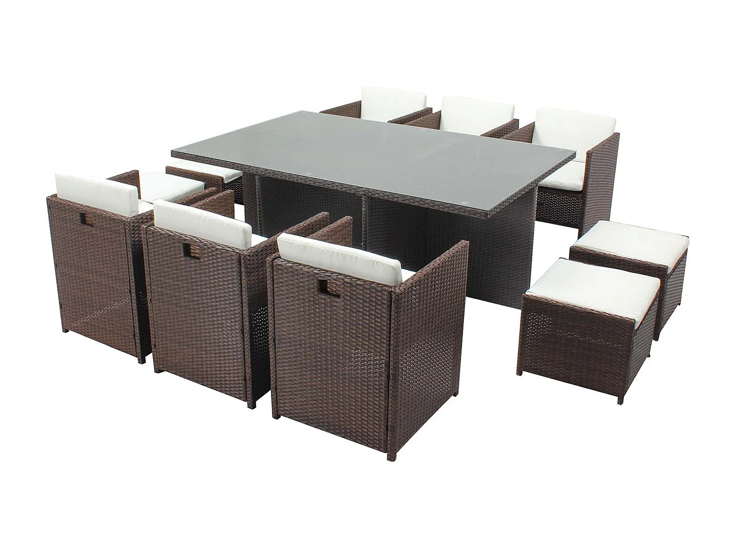 Table et chaises 10 places encastrables résine marron-blanc MIAMI