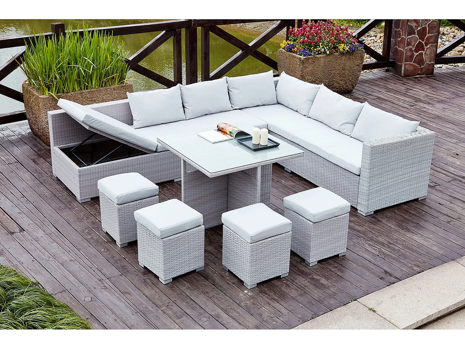 Salon de jardin encastrable 10 places en résine gris-gris FIDJI