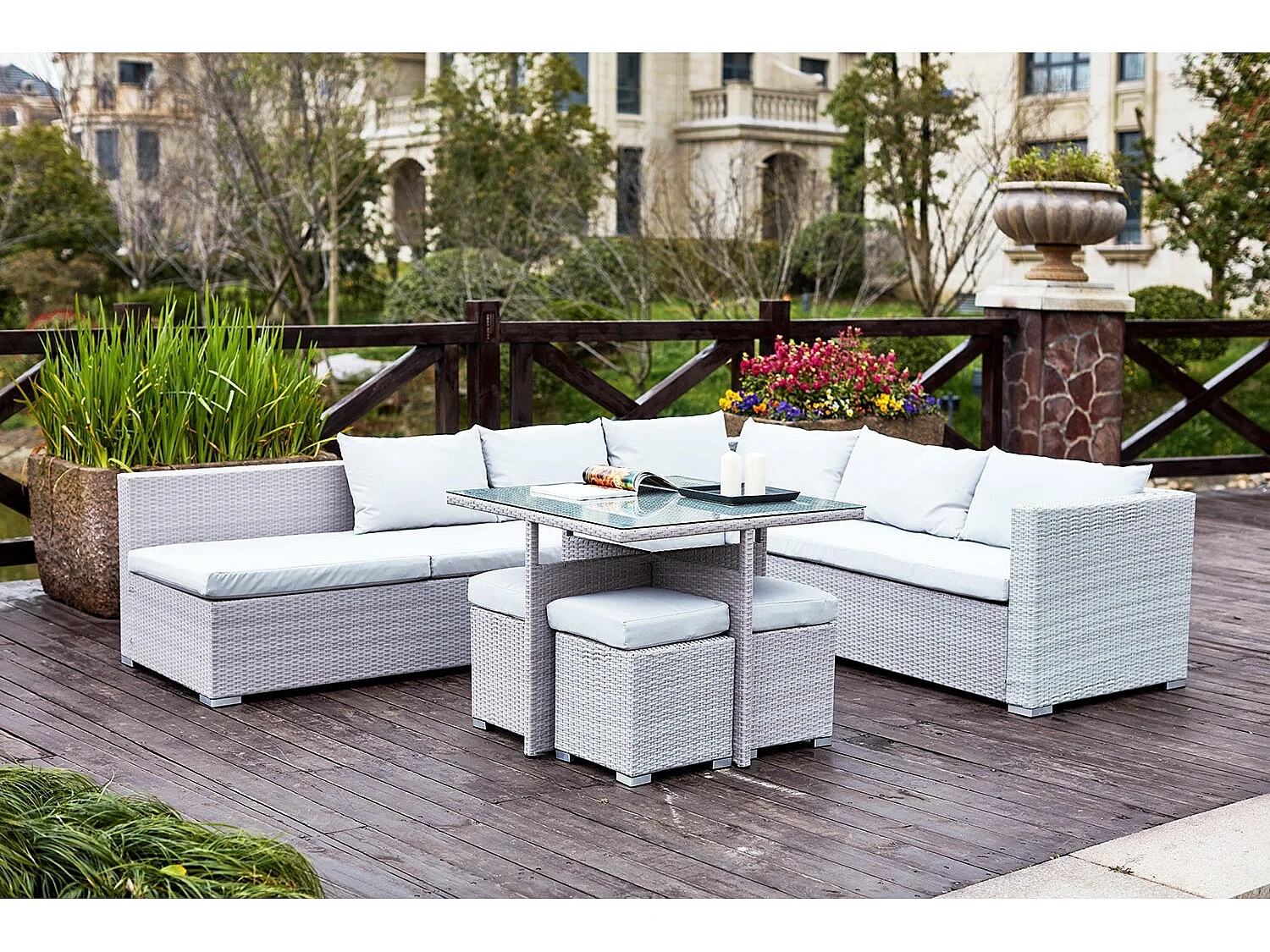 Salon de jardin encastrable 10 places en résine gris-gris FIDJI