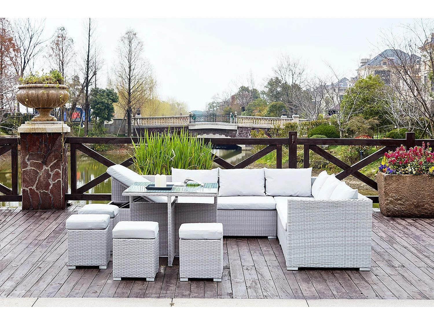 Salon de jardin encastrable 10 places en résine gris-gris FIDJI