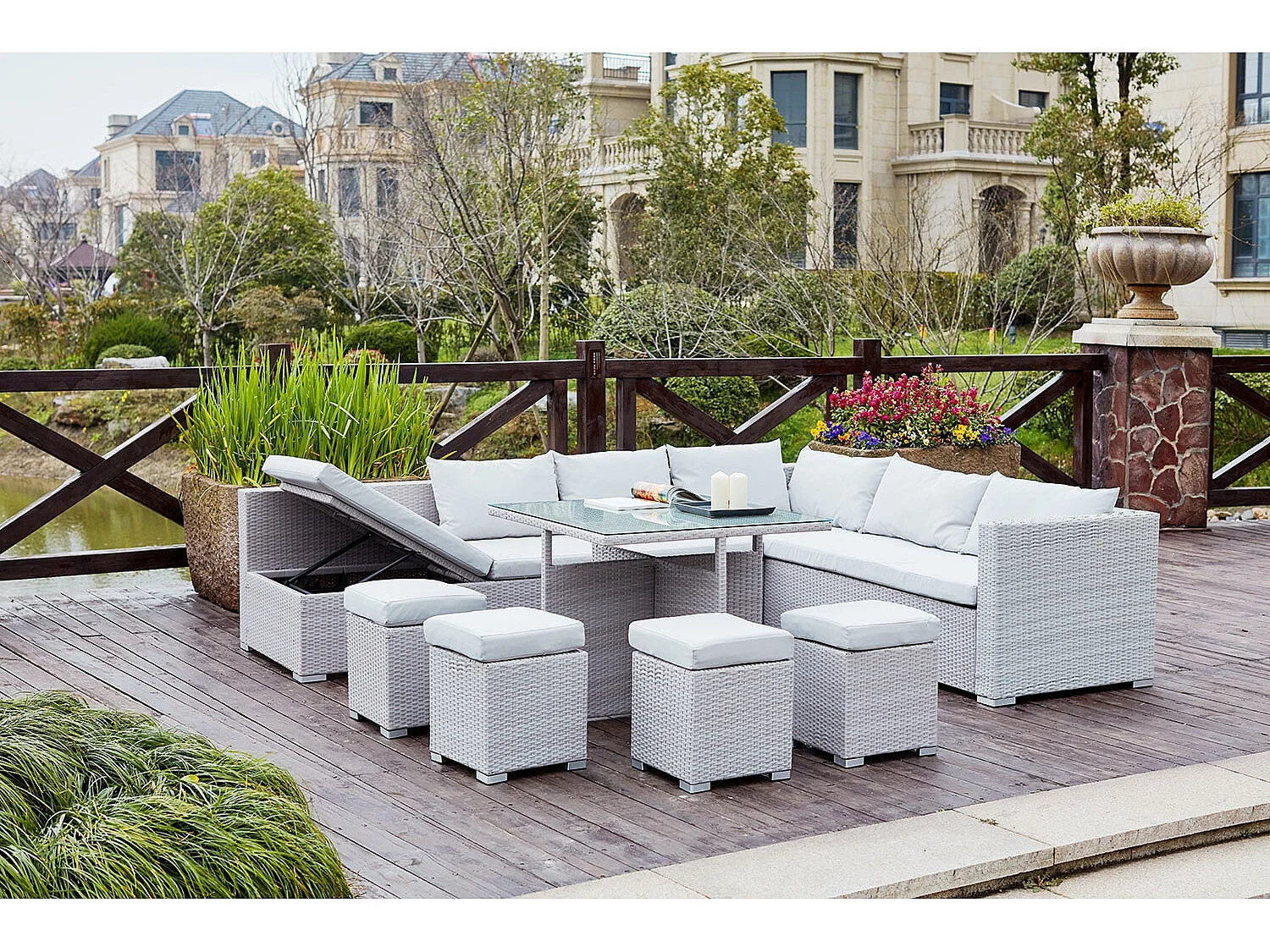 Salon de jardin encastrable 10 places en résine gris-gris FIDJI