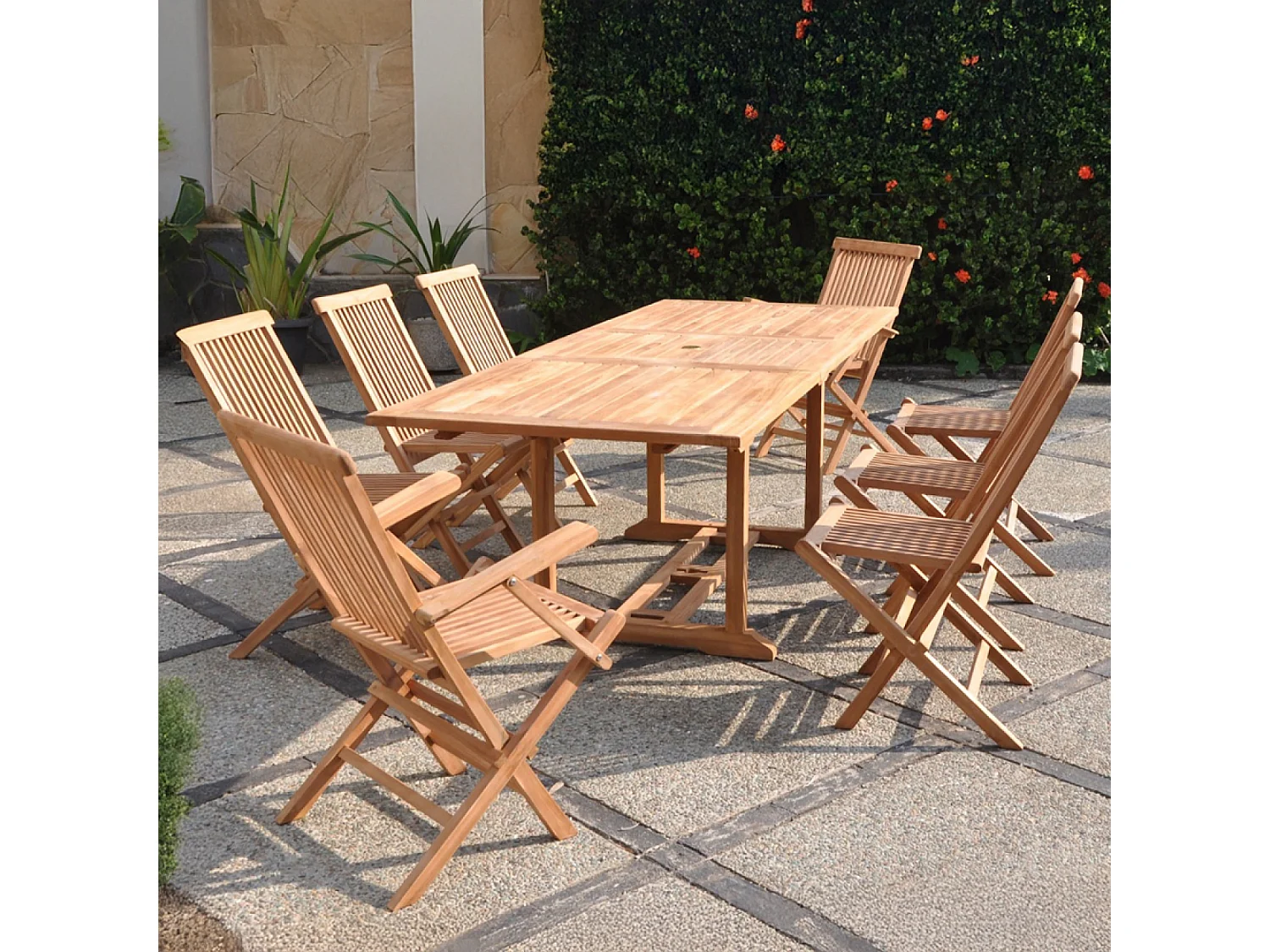 Massief teakhouten tuinset voor 8-10 personen - Rechthoekige tafel + 6 stoelen + 2 fauteuils Kajang
