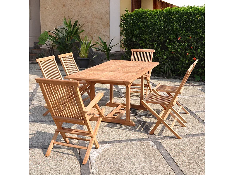 Table de jardin rectangulaire 4 chaises 2 fauteuils en teck KAJANG