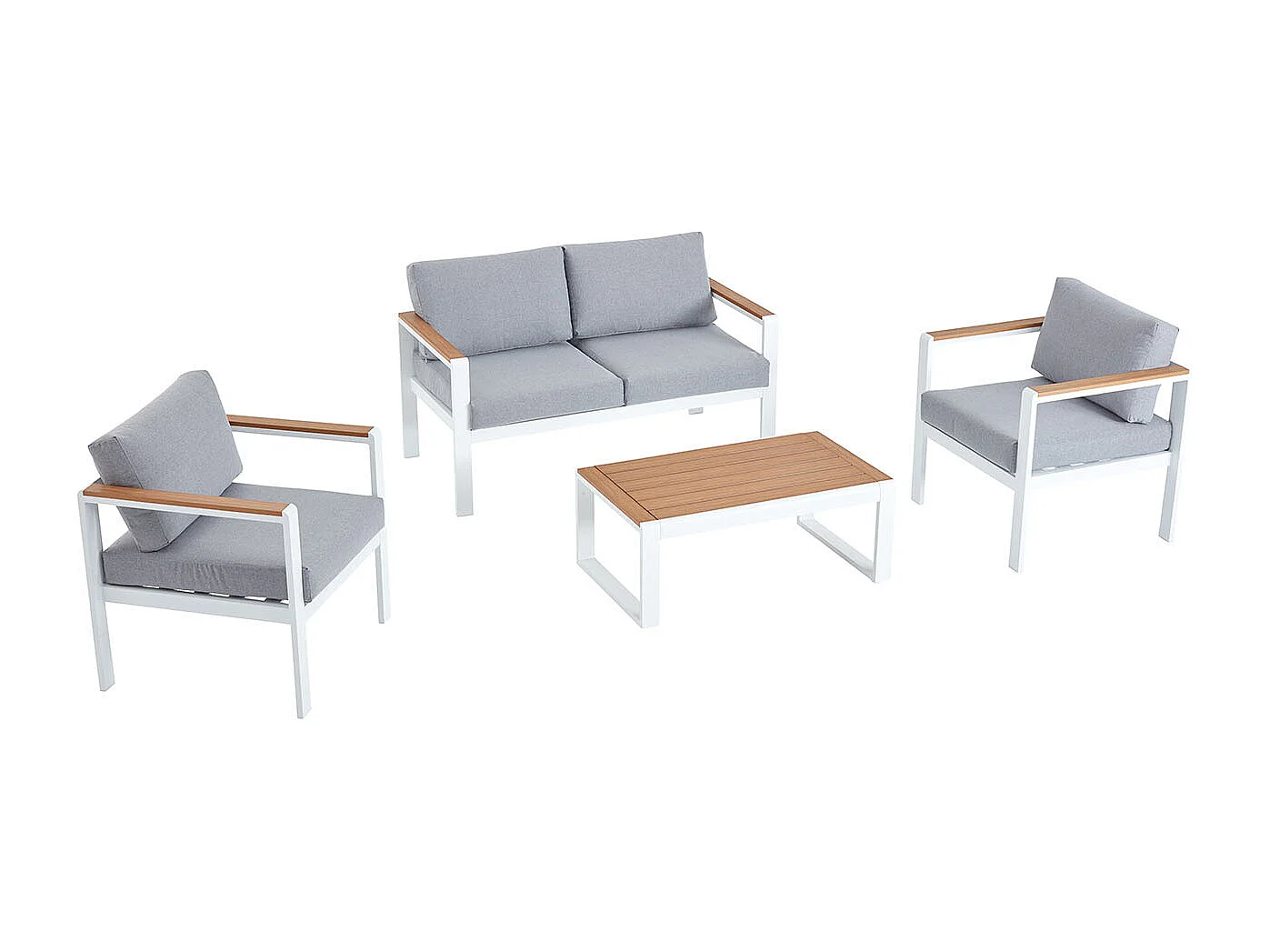 Lounge set voor in de tuin met 4 zitplaatsen in wit aluminium en hout MARINGO