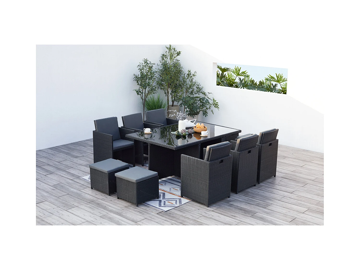 Salotto da giardino a incasso 10 posti resina intrecciata nero/grigio MONACO