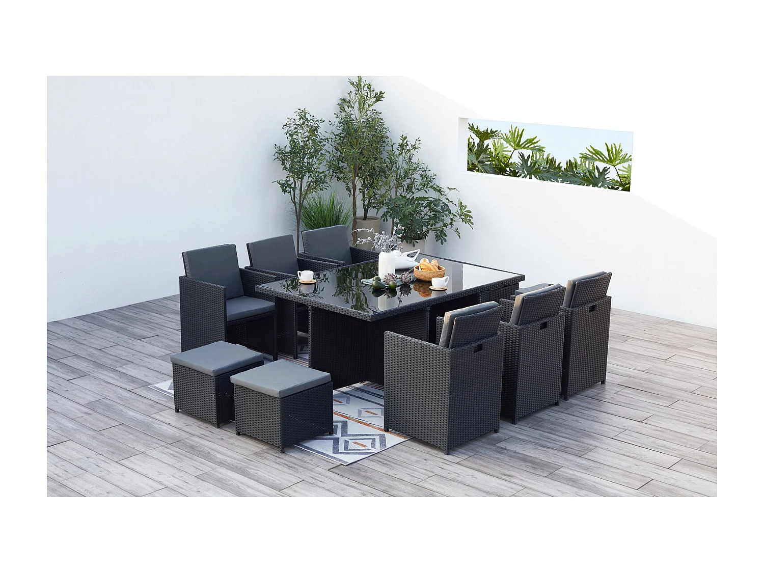 Salón de jardín encastrable 10 plazas de resina trenzada negro/gris MONACO