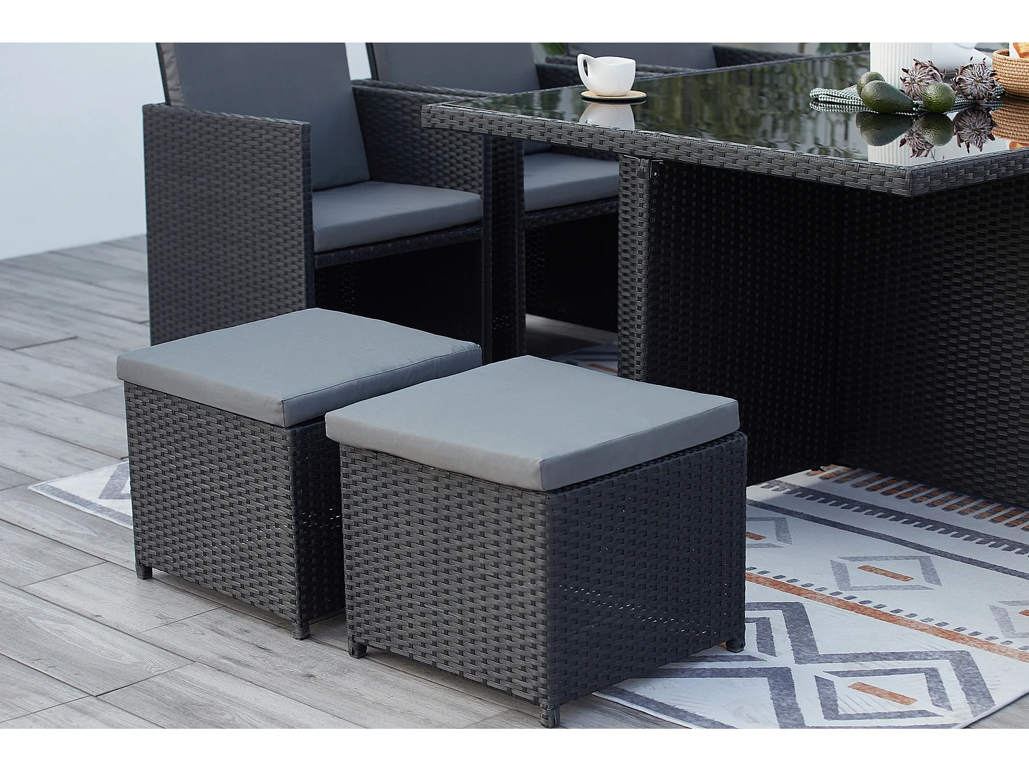 Salón de jardín encastrable 10 plazas de resina trenzada negro/gris MONACO