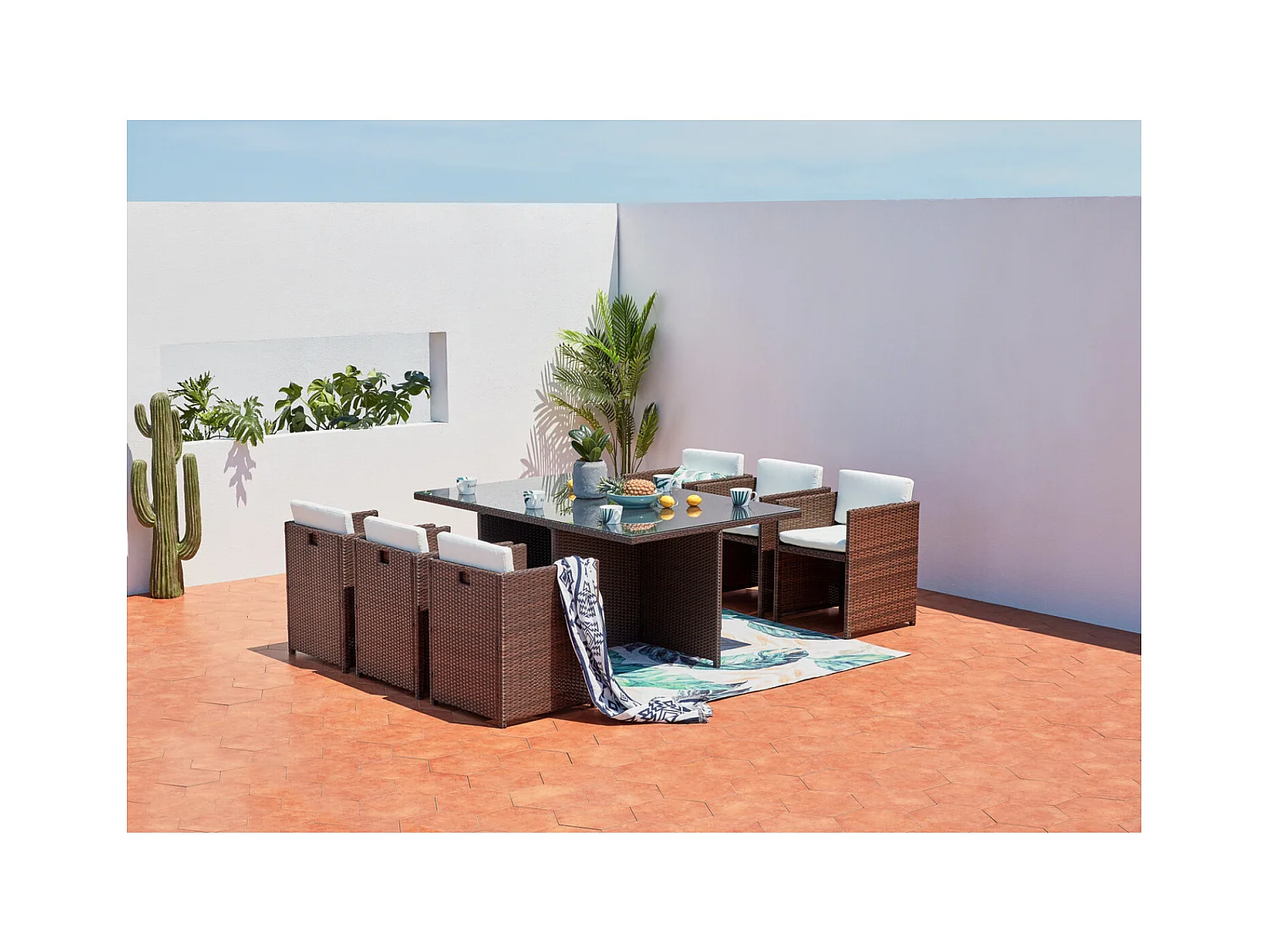 Salotto da giardino a incasso 6 posti resina intrecciata castagna/bianco MIAMI