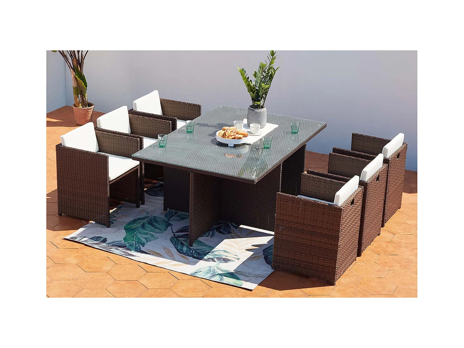 Table et chaises 6 places encastrables résine marron-blanc MIAMI