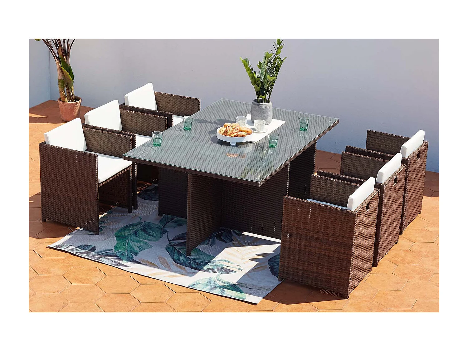 Table et chaises 6 places encastrables résine marron-blanc MIAMI