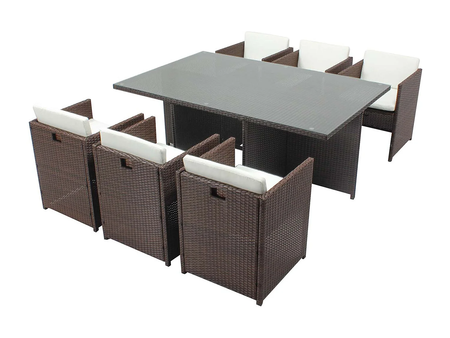 Table et chaises 6 places encastrables résine marron-blanc MIAMI