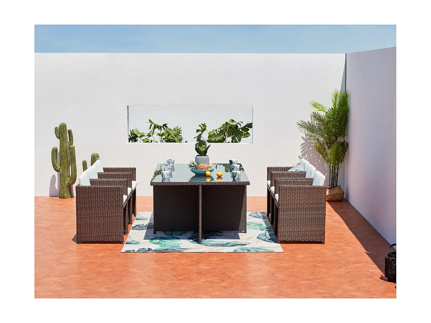 Table et chaises 6 places encastrables résine marron-blanc MIAMI