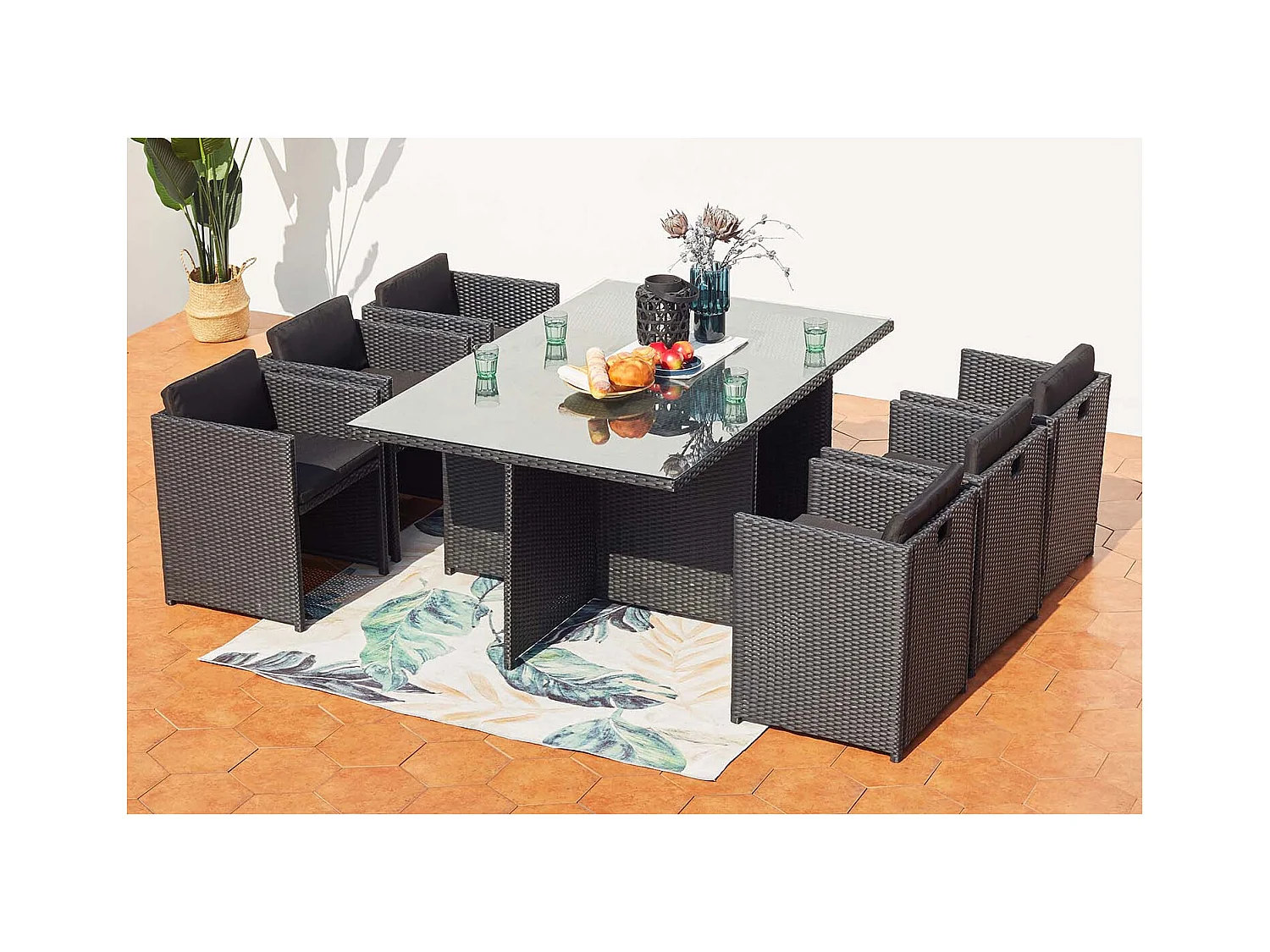 Table et chaises 6 places encastrables en résine noir-noir MIAMI