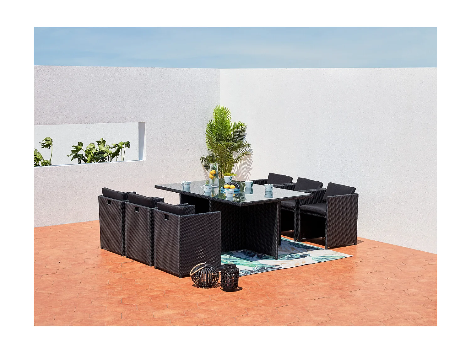 Table et chaises 6 places encastrables en résine noir-noir MIAMI