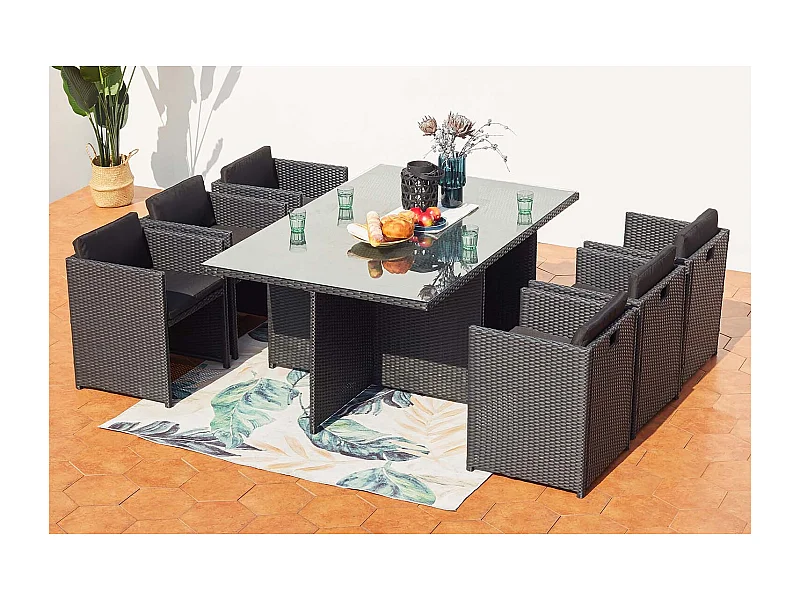Loungeset 6 Plaatsen van Zwart Vlechtwerk Rattan Miami - Luxe, Comfortabel, Modulair, Buiten