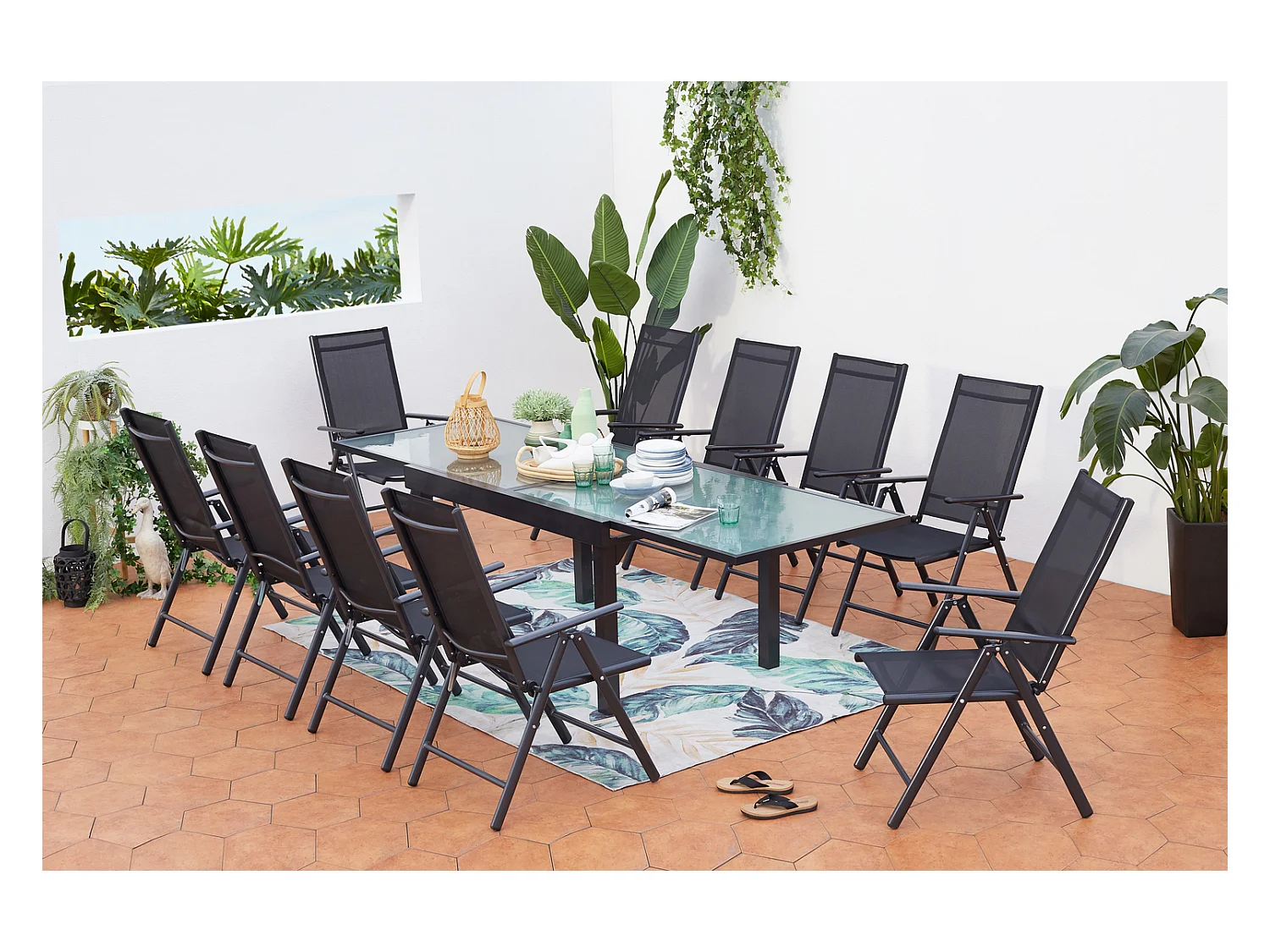 Table de jardin extensible 10 fauteuils en alu et toile PVC BRESCIA