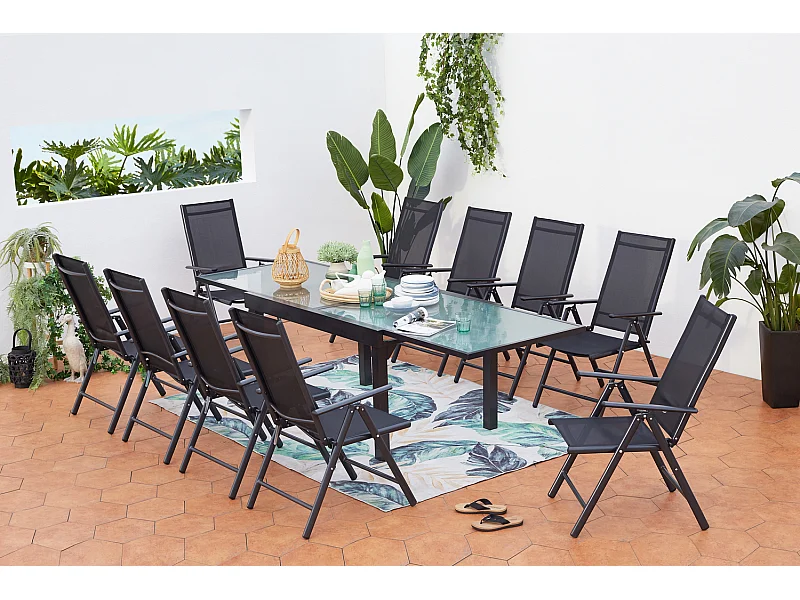 Conjunto de jardín de aluminio: mesa extensible + 10 sillas textileno BRESCIA