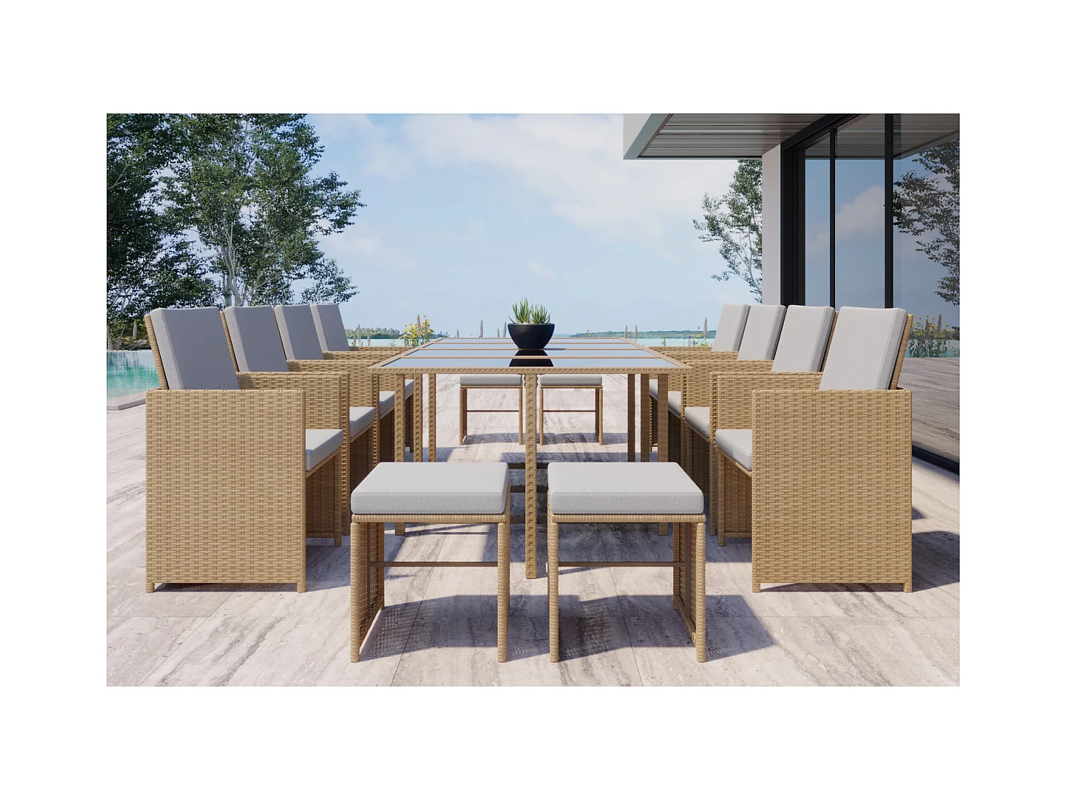 Salon de jardin encastrable résine tressée naturel 12 places FLORIDA
