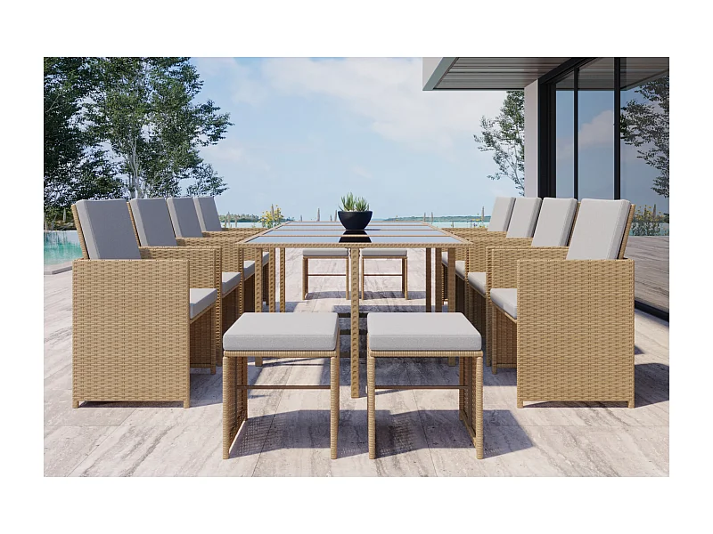 12-Sitzer Gartenmöbelset aus naturbelassenem Rattan FLORIDA - Zeitgenössisches Design, 12 Personen, abnehmbare Kissen, verstaubar