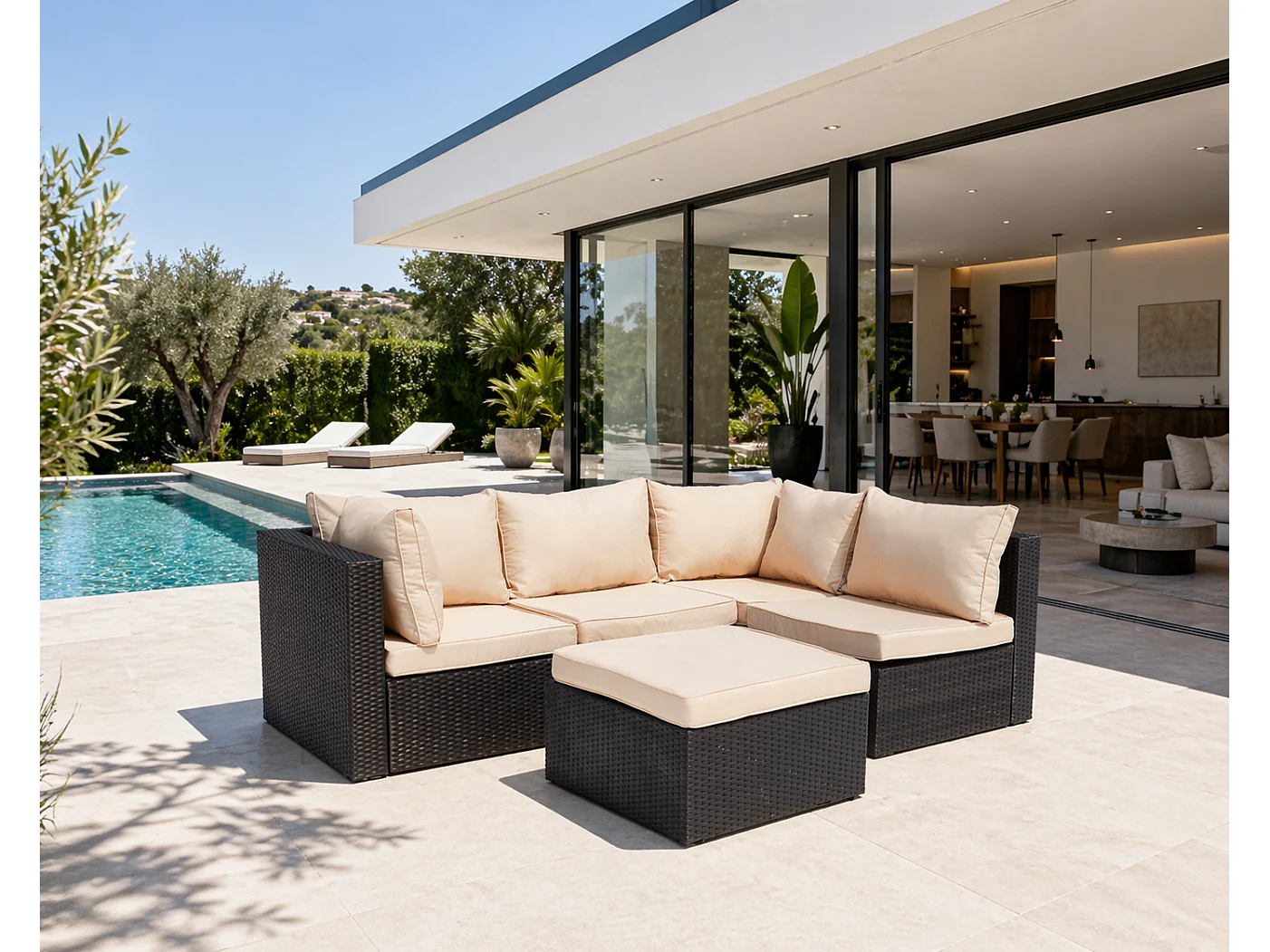 Modulaire 5-zits loungeset van grijs/beige gevlochten kunsthars MILANO - Innovatief en veelzijdig design