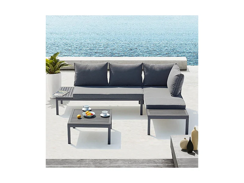 Gartenmöbel-Set Lolea in Dunkelgrau aus Aluminium und Stahl - 4 Plätze, 2 Sofas, dunkelgraue Kissen