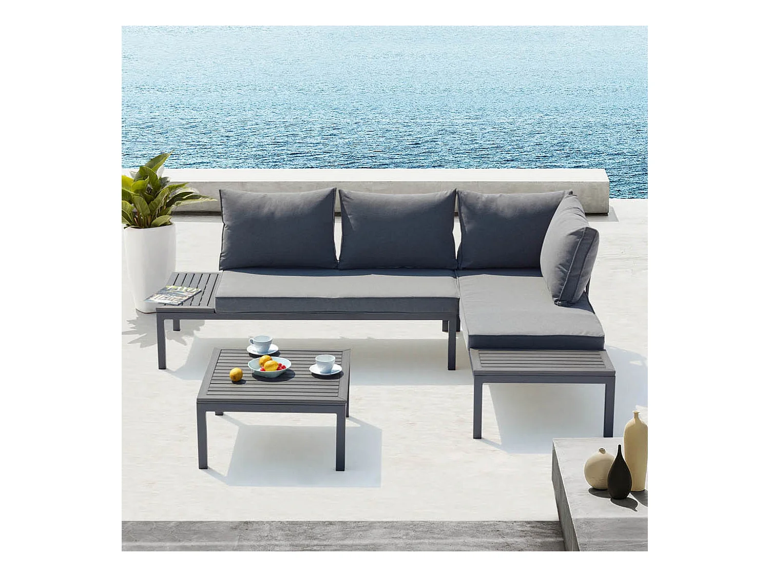 Salon de jardin 4 places en aluminium et acier gris foncé LOLEA