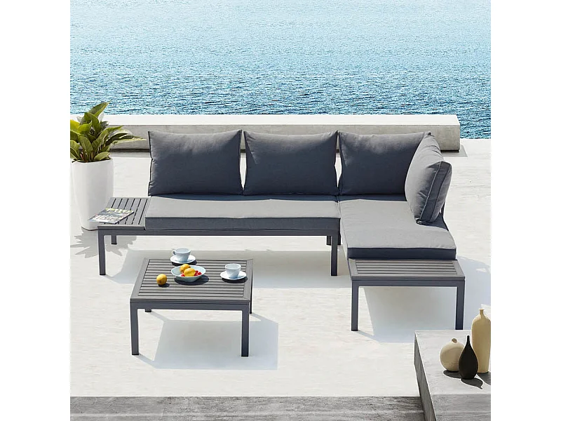 Gartenmöbel-Set Lolea in Dunkelgrau aus Aluminium und Stahl - 4 Plätze, 2 Sofas, dunkelgraue Kissen