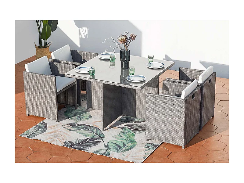 Table et chaises 4 places encastrables en résine gris-blanc MIAMI