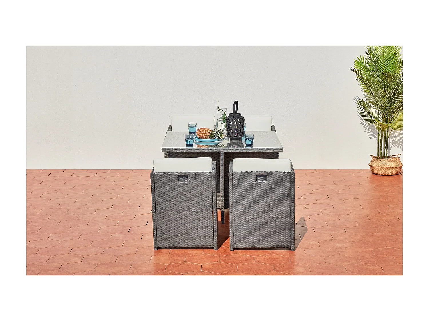 Table et chaises 4 places encastrables en résine gris-blanc MIAMI