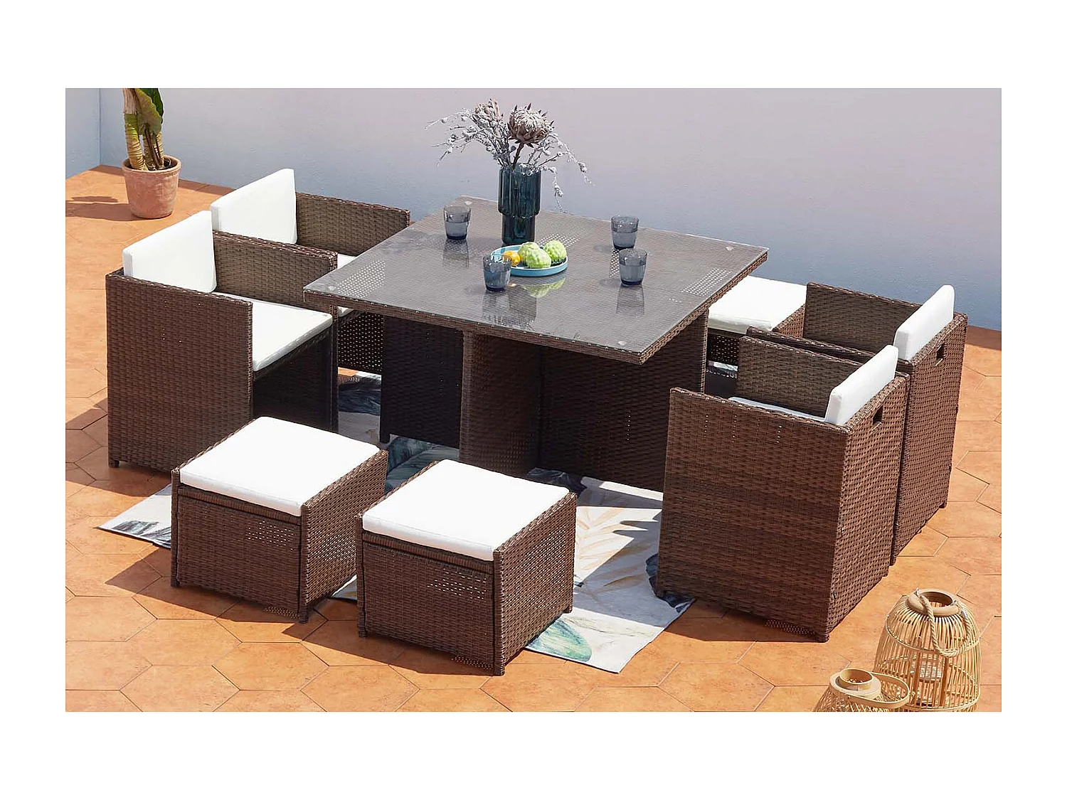 Conjunto de Jardim 8 Lugares em Rattan Sintético Castanho/Branco - Miami Concept-Usine